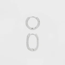Sterling Silver Polished Round And Pave Rectangular Huggie Hoop Earrings 2pc - A New Day™ Silver